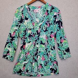 Lilly Pulitzer Sarasota Trunk Show Pintuck Tunic Top V-Neck Cover Up Womens Sz M
